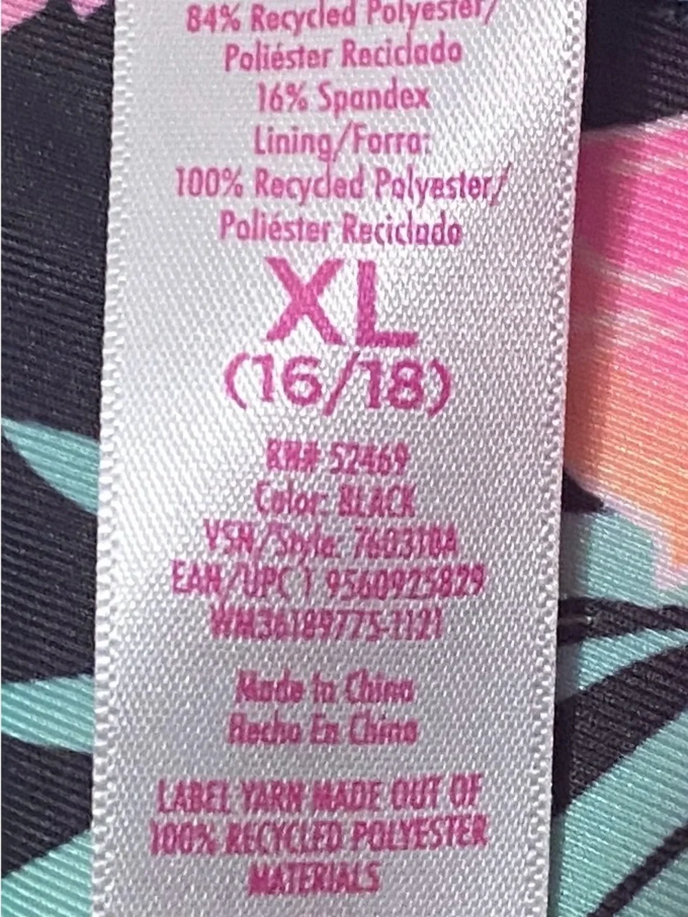 Justice Black One-Piece Swimsuit with Pink, Teal & Yellow Tropical Print NWT